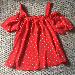 Cold shoulder red and white polka dot blouse